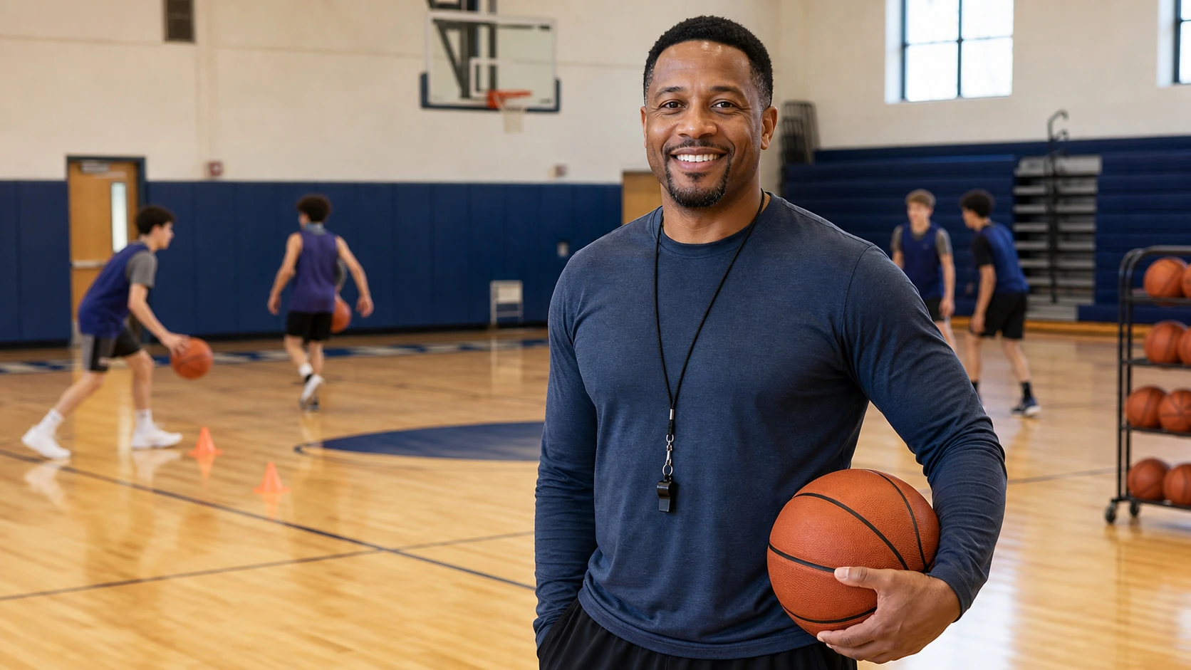 A basketball coach smiling in the gym during practice