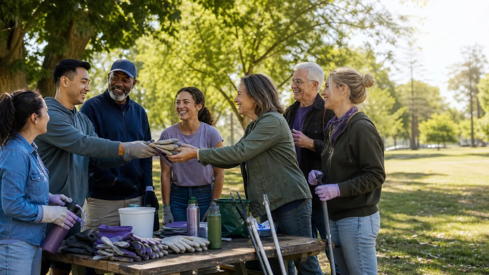 Neighbors preparing together for a park volunteer project